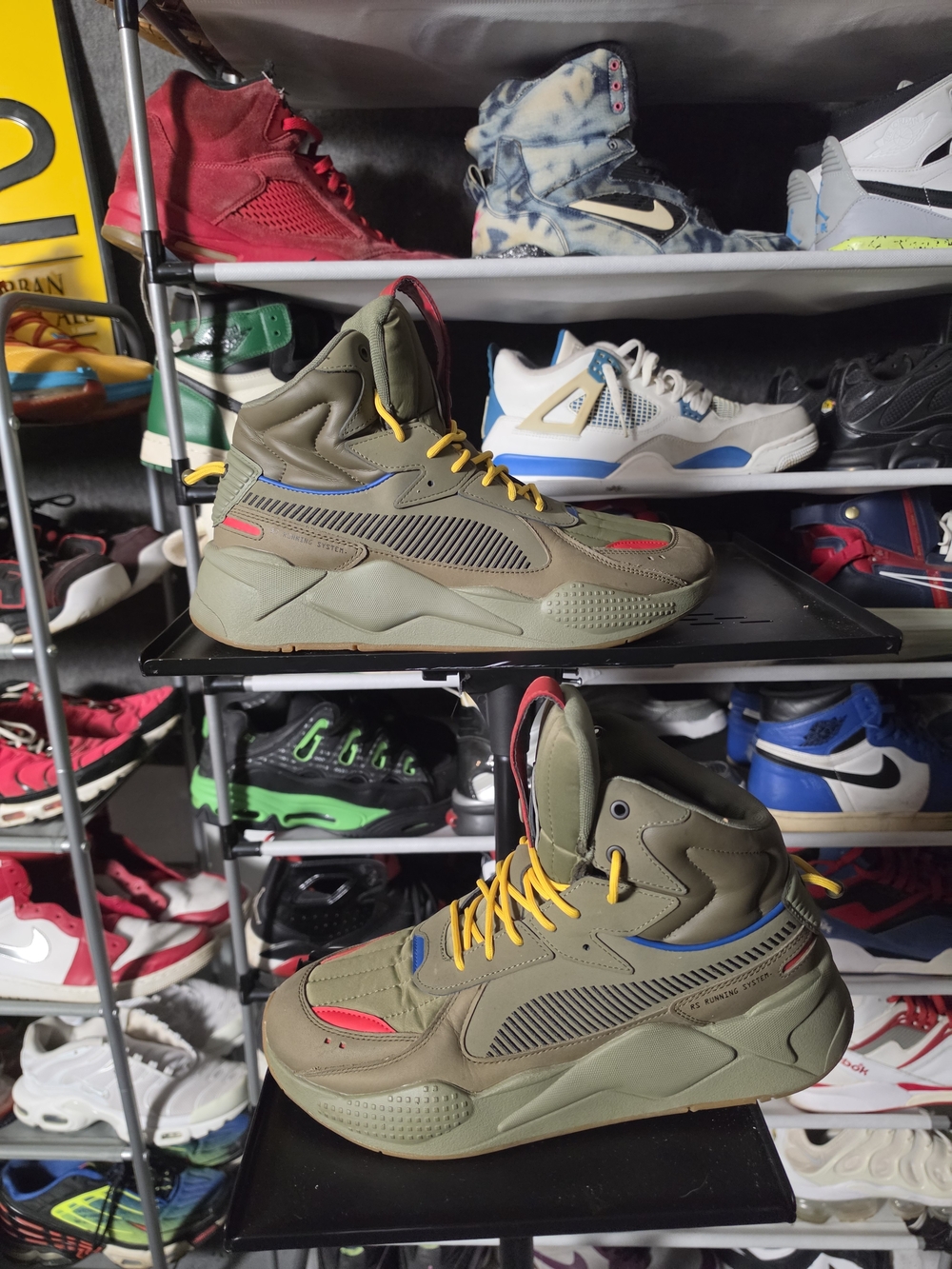 🔥 Puma Olive Green High-Top Sneakers Men Size 10.5 Yellow Laces and Red Accents